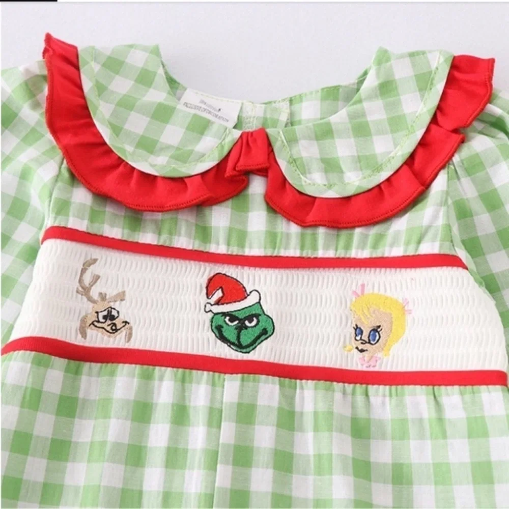 NWOT Adorable Green Checkered Boutique Baby Romper Red Bow Accents